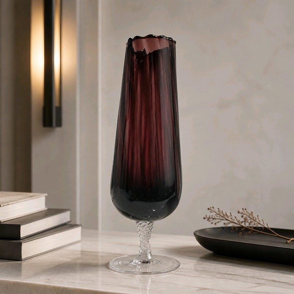 Empoli Art Glass Vase – Amethyst Plum, Ruffled Rim, Optic Ribbing, Twisted Stem